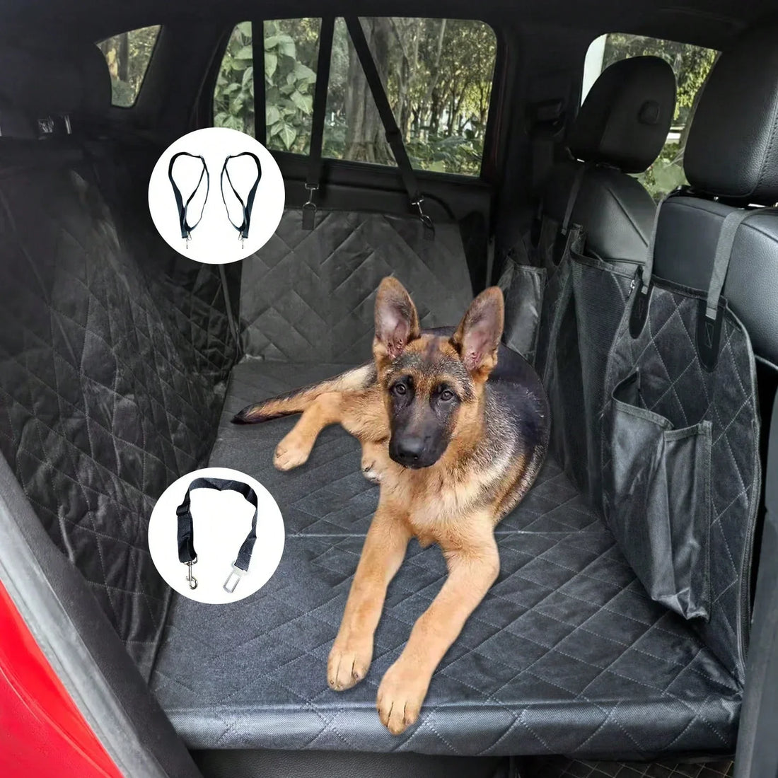 Large dog using a hard bottom back seat extender in an SUV for a road trip."
