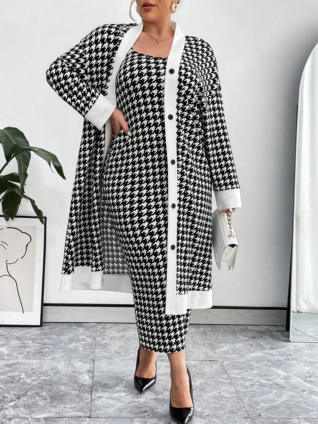 Essnce Plus Size Women's Houndstooth Button Up Coat and Cami Dress Matching Set Fall Winter | Shopulia