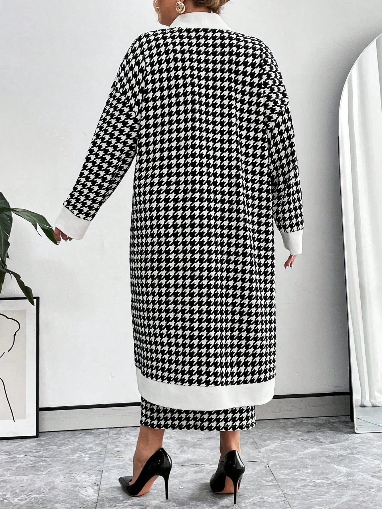 Essnce Plus Size Women's Houndstooth Button Up Coat and Cami Dress Matching Set Fall Winter | Shopulia
