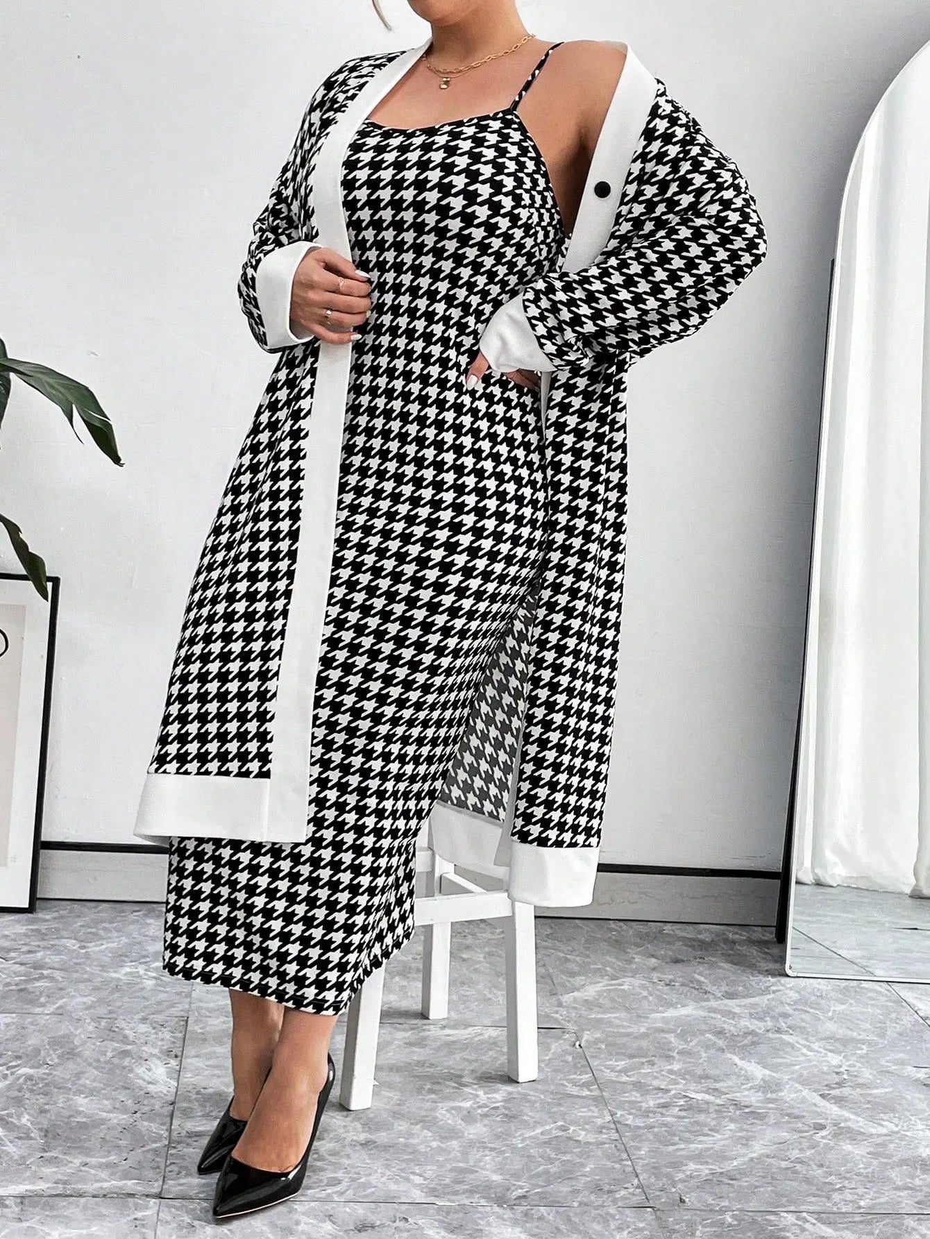 Essnce Plus Size Women's Houndstooth Button Up Coat and Cami Dress Matching Set Fall Winter | Shopulia