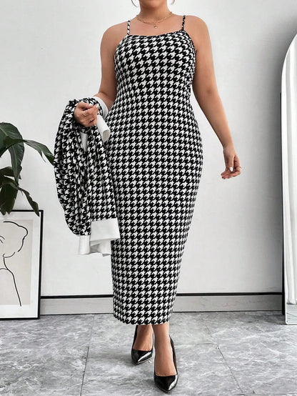 Essnce Plus Size Women's Houndstooth Button Up Coat and Cami Dress Matching Set Fall Winter | Shopulia