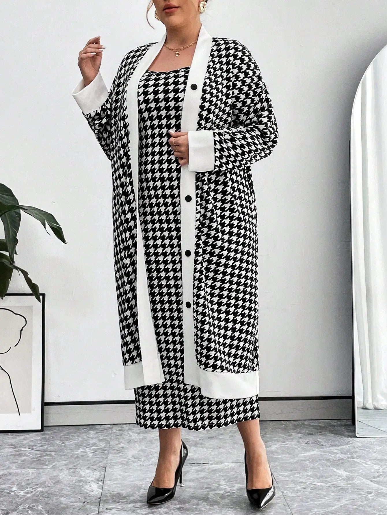 Essnce Plus Size Women's Houndstooth Button Up Coat and Cami Dress Matching Set Fall Winter | Shopulia