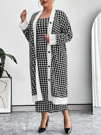 Essnce Plus Size Women's Houndstooth Button Up Coat and Cami Dress Matching Set Fall Winter | Shopulia