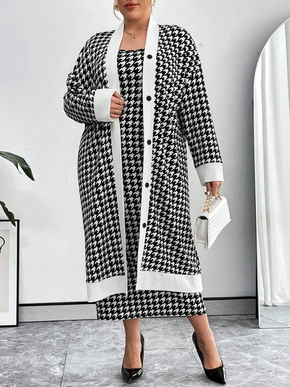 Essnce Plus Size Women's Houndstooth Button Up Coat and Cami Dress Matching Set Fall Winter | Shopulia