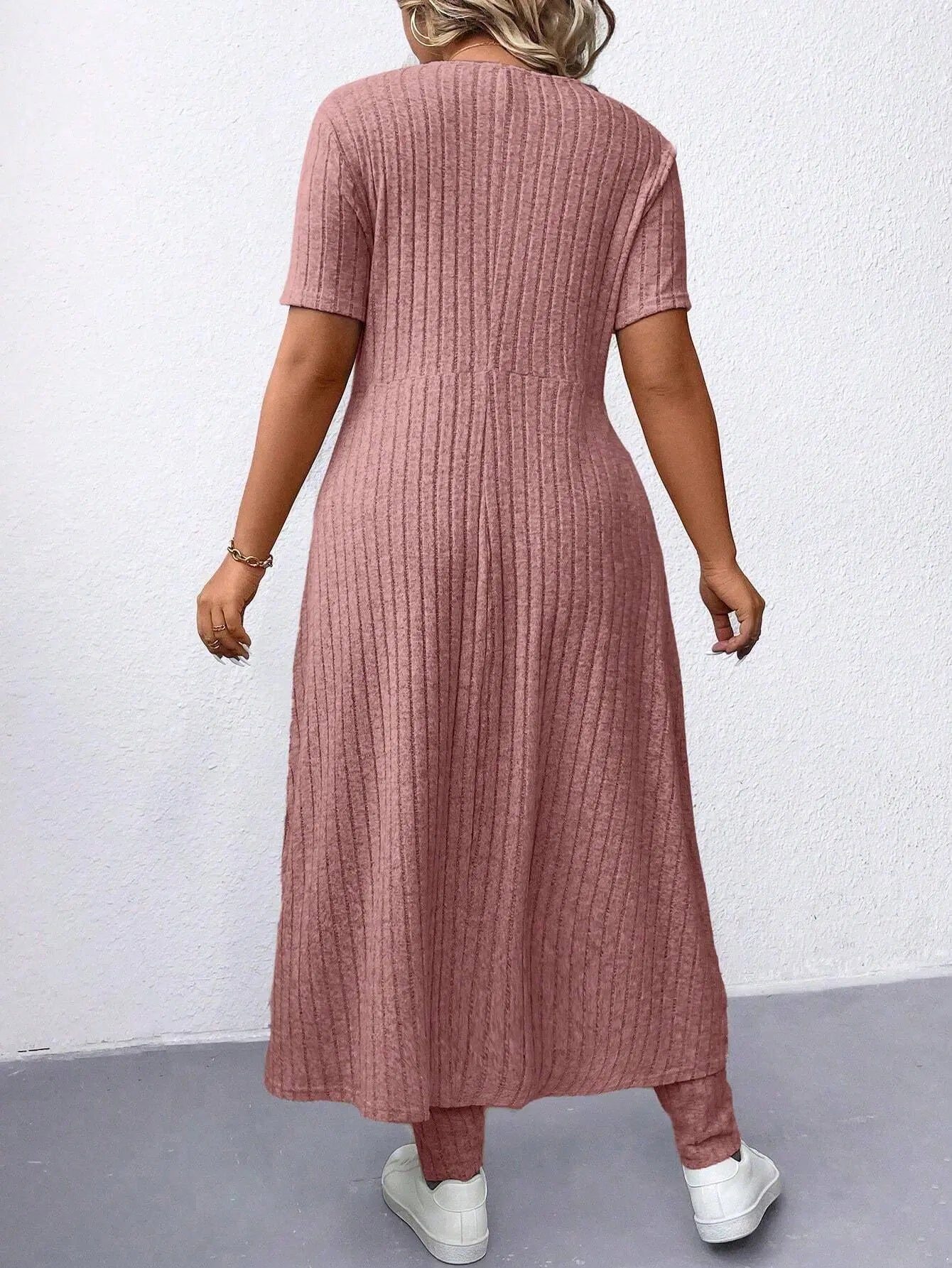 Women's Plus Size 2 Piece Outfits Casual Ribbed Long Sleeve Top with Split Hem and Matching Tight Pants Lounge Set | Shopulia