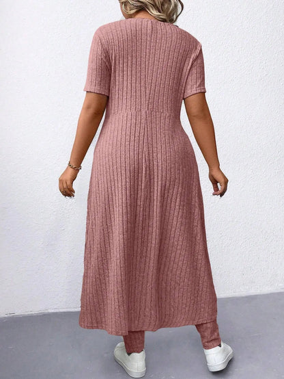 Women's Plus Size 2 Piece Outfits Casual Ribbed Long Sleeve Top with Split Hem and Matching Tight Pants Lounge Set | Shopulia
