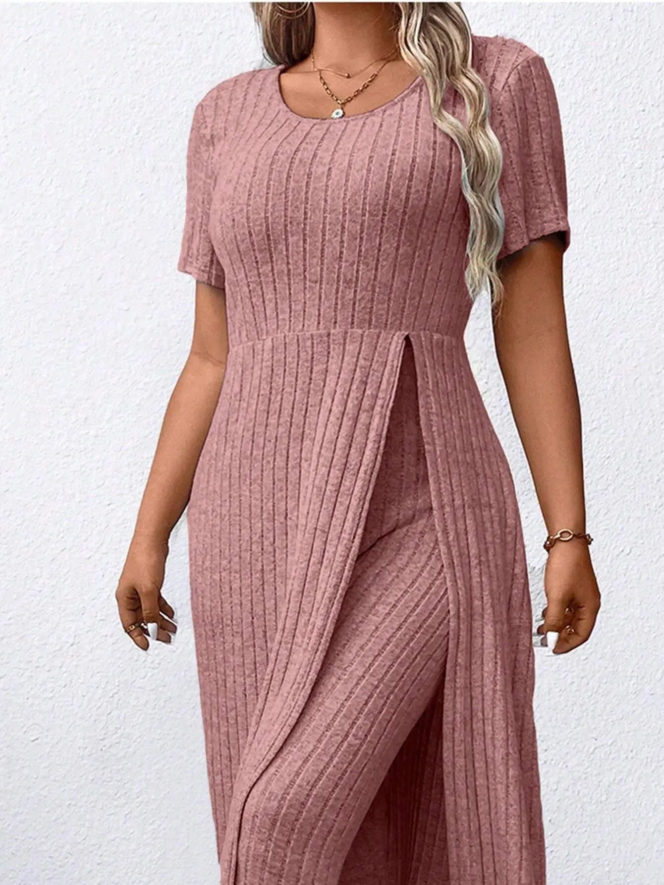 Women's Plus Size 2 Piece Outfits Casual Ribbed Long Sleeve Top with Split Hem and Matching Tight Pants Lounge Set | Shopulia