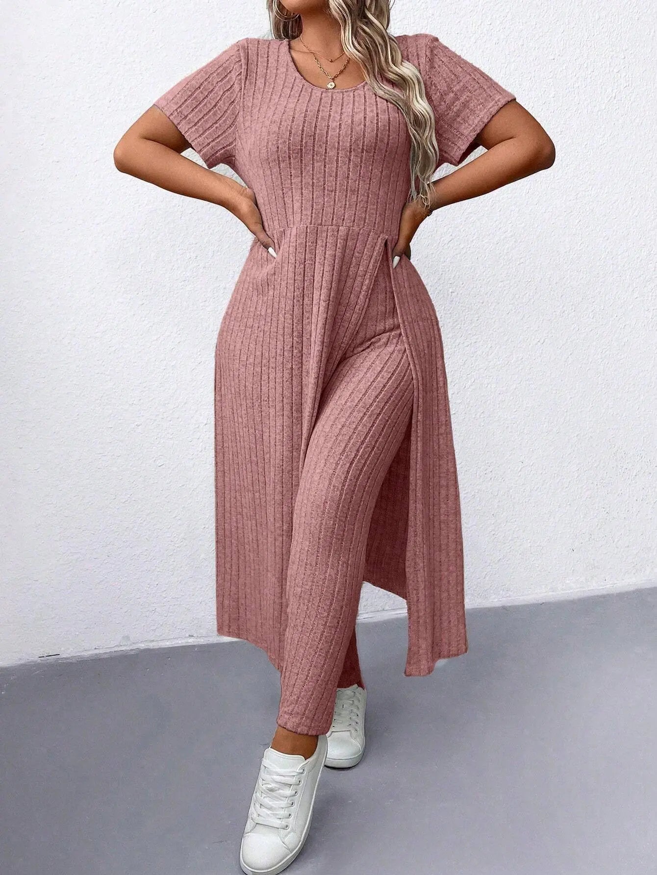 Women's Plus Size 2 Piece Outfits Casual Ribbed Long Sleeve Top with Split Hem and Matching Tight Pants Lounge Set | Shopulia