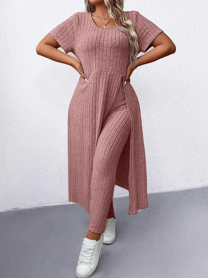 Women's Plus Size 2 Piece Outfits Casual Ribbed Long Sleeve Top with Split Hem and Matching Tight Pants Lounge Set | Shopulia