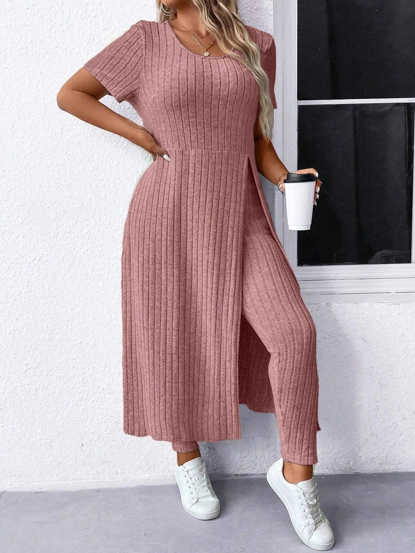 Women's Plus Size 2 Piece Outfits Casual Ribbed Long Sleeve Top with Split Hem and Matching Tight Pants Lounge Set | Shopulia