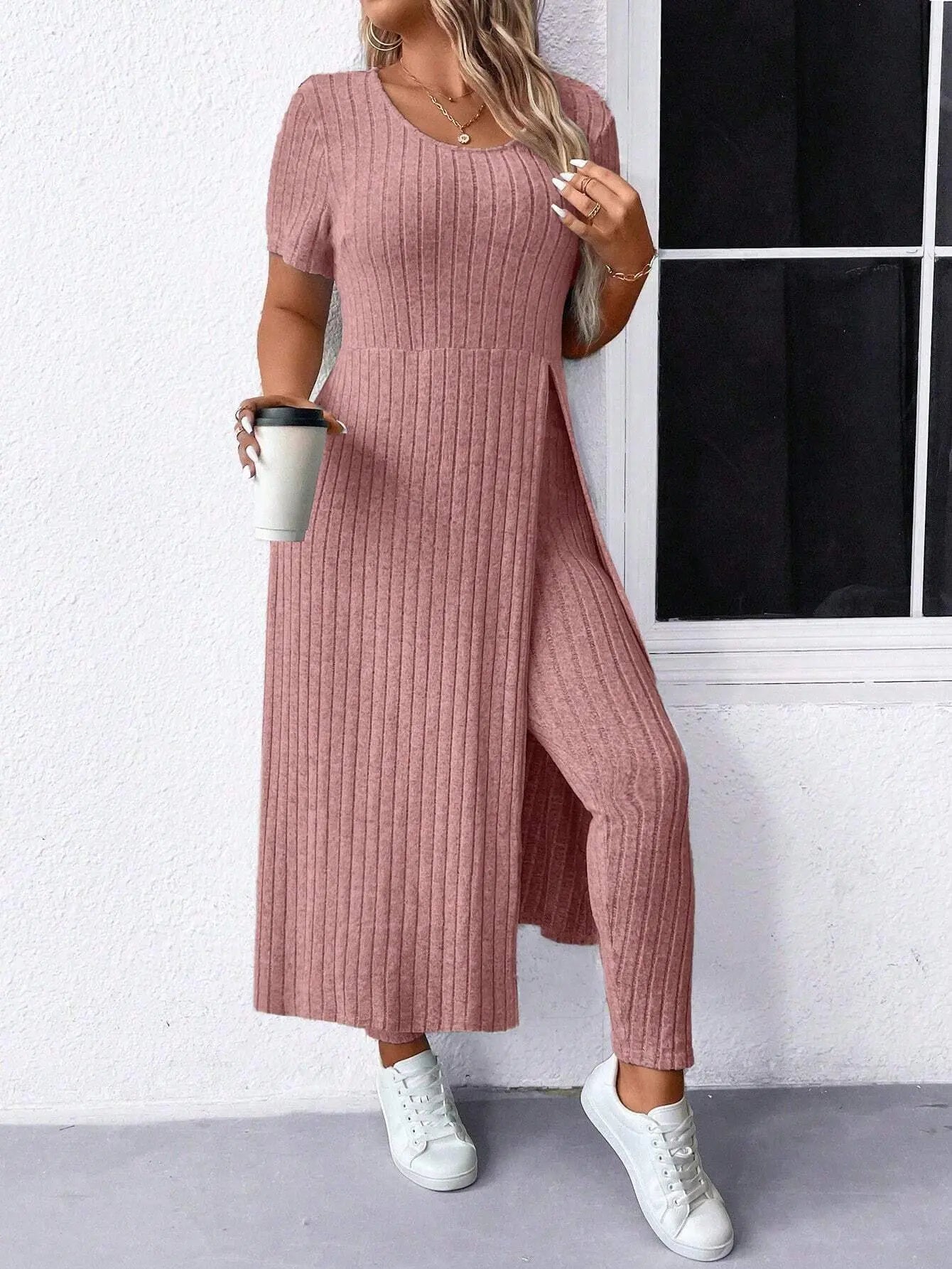 Women's Plus Size 2 Piece Outfits Casual Ribbed Long Sleeve Top with Split Hem and Matching Tight Pants Lounge Set | Shopulia