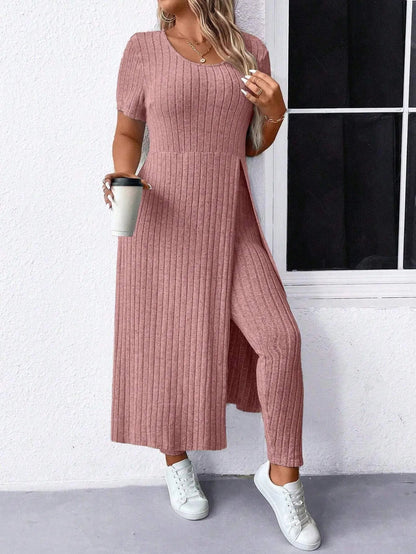 Women's Plus Size 2 Piece Outfits Casual Ribbed Long Sleeve Top with Split Hem and Matching Tight Pants Lounge Set | Shopulia
