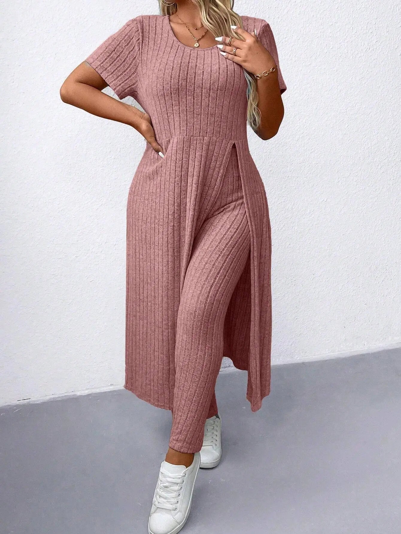 Women's Plus Size 2 Piece Outfits Casual Ribbed Long Sleeve Top with Split Hem and Matching Tight Pants Lounge Set | Shopulia