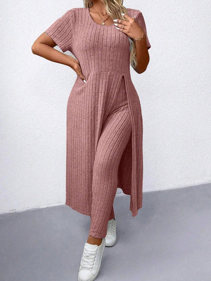 Women's Plus Size 2 Piece Outfits Casual Ribbed Long Sleeve Top with Split Hem and Matching Tight Pants Lounge Set | Shopulia