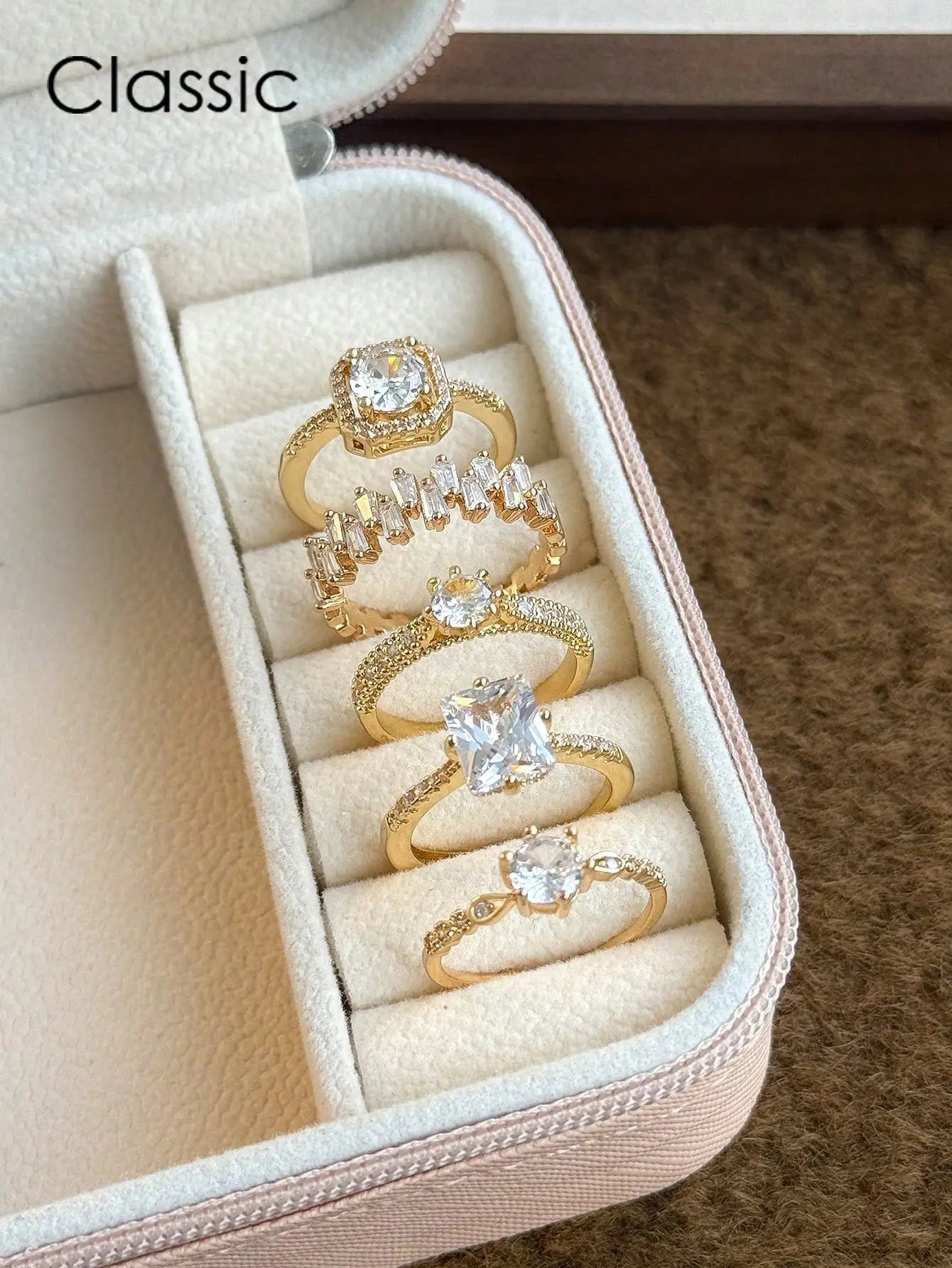 Curated Elegance: 5Pcs Eternal CZ Ring Set - Copper Inlaid Adjustable Minimalist Bands for Wedding, Party & Holiday Gifts | Shopulia