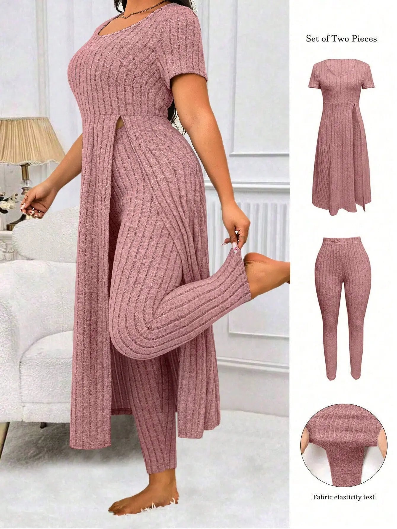 Women's Plus Size 2 Piece Outfits Casual Ribbed Long Sleeve Top with Split Hem and Matching Tight Pants Lounge Set | Shopulia