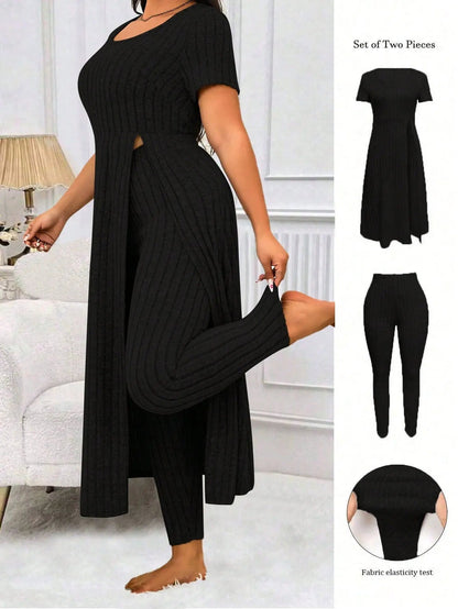 Women's Plus Size 2 Piece Outfits Casual Ribbed Long Sleeve Top with Split Hem and Matching Tight Pants Lounge Set | Shopulia