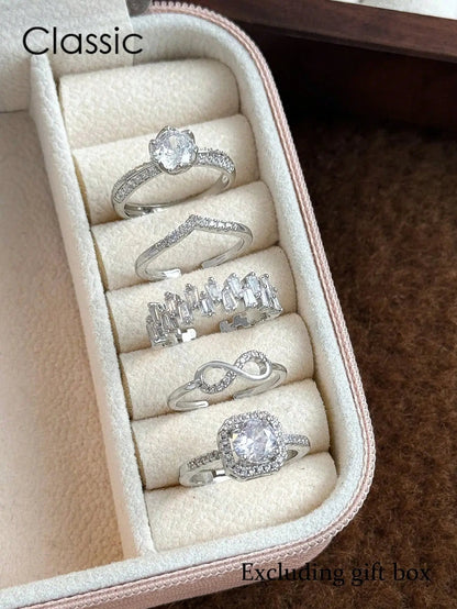 Curated Elegance: 5Pcs Eternal CZ Ring Set - Copper Inlaid Adjustable Minimalist Bands for Wedding, Party & Holiday Gifts | Shopulia