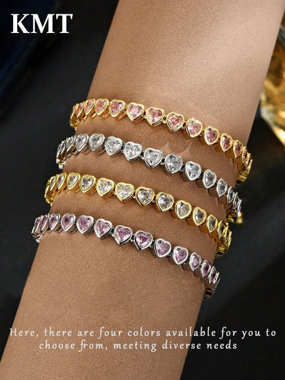 Sparkle Heart CZ Bracelet: Copper Inlaid Cubic Zirconia Luxury Tennis Bracelet in Gift Box | Shopulia