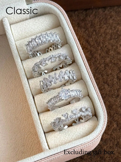 Curated Elegance: 5Pcs Eternal CZ Ring Set - Copper Inlaid Adjustable Minimalist Bands for Wedding, Party & Holiday Gifts | Shopulia