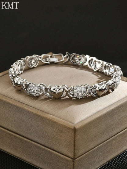 Sparkle Heart CZ Bracelet: Copper Inlaid Cubic Zirconia Luxury Tennis Bracelet in Gift Box | Shopulia
