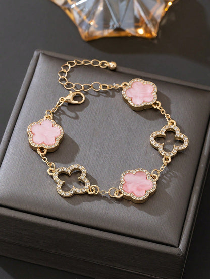 1pc Luxury Elegant Rhinestone Hollow Clover & Flower Charm Bracelet For Women (No Gift Box) Shopulia
