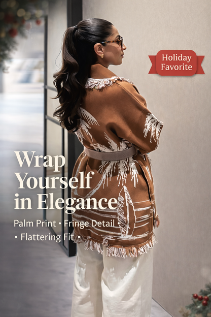 Palm Print Belted Wrap Cardigan – Luxury Holiday Layer Shopulia