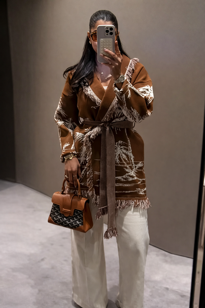 Palm Print Belted Wrap Cardigan – Luxury Holiday Layer Shopulia