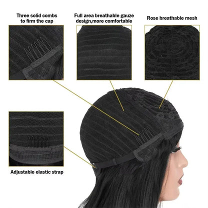 Rosslyn Straight Human Hair Wigs With Bangs 1b Black Wig Not Lace Natural Color Full Machine Wig From Brazilian Original | Shopulia