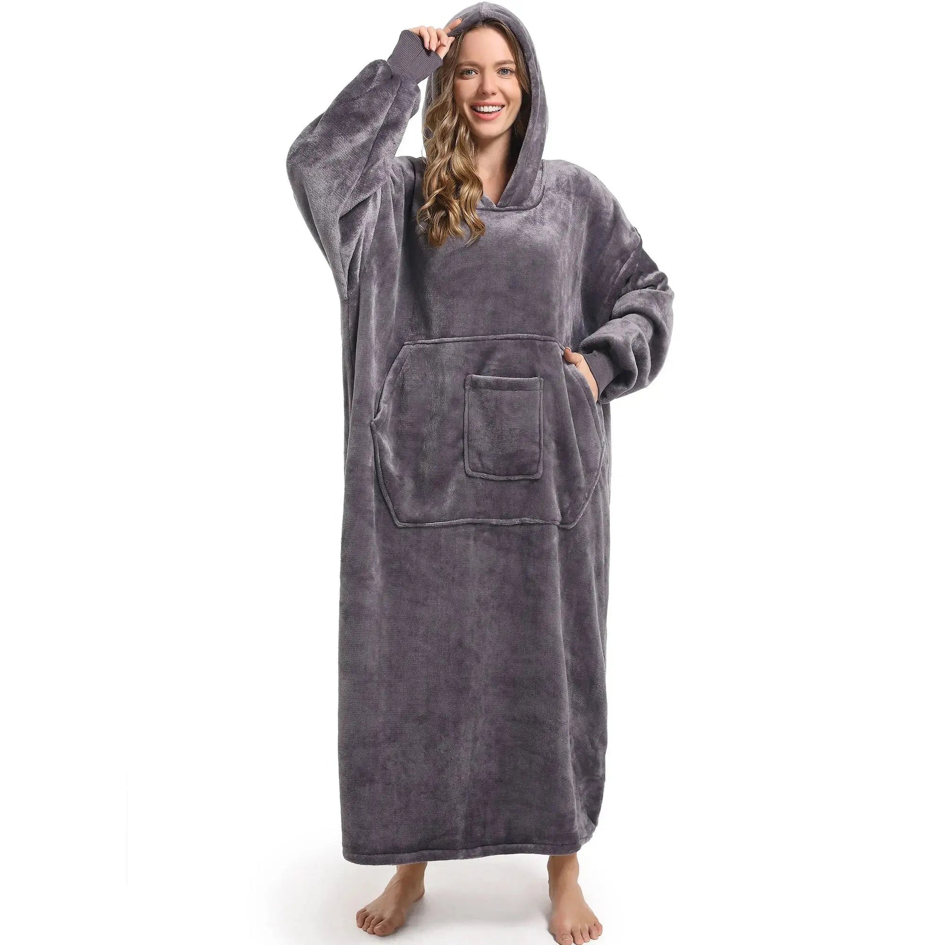 Men and women's winter casual pullover pajamas, warm and comfortable with thick fleece, solid color and pocket, long style Shopulia