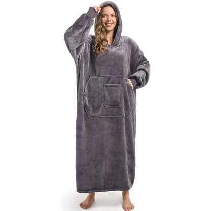 Men and women's winter casual pullover pajamas, warm and comfortable with thick fleece, solid color and pocket, long style Shopulia