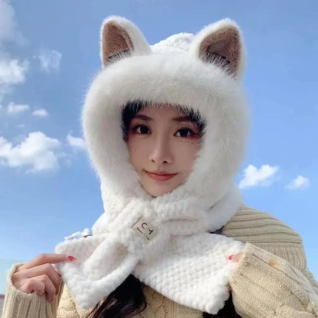 Cute Scarf Hat  Elegant Woman Warm One Piece Hat  Winter Skiing and Cycling Comfortable Warm Hooded Mask Plush Hat | Shopulia
