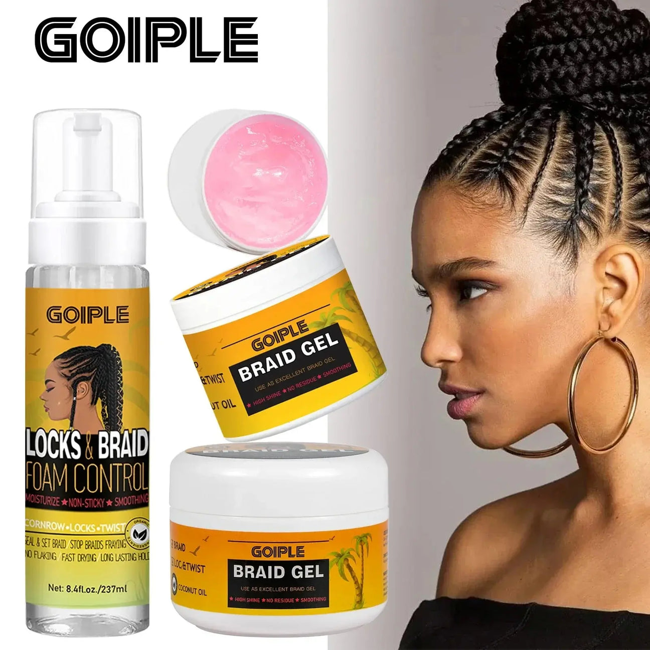 Goiple 24-Hour Extra Hold Locks and Twist Mousse & Braid Gel for extreme hold and styling.