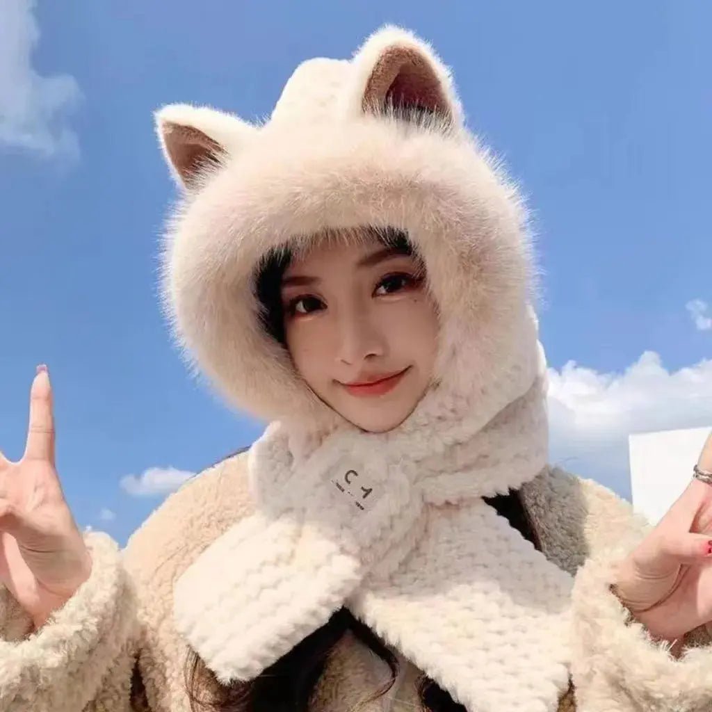 Cute Scarf Hat  Elegant Woman Warm One Piece Hat  Winter Skiing and Cycling Comfortable Warm Hooded Mask Plush Hat | Shopulia