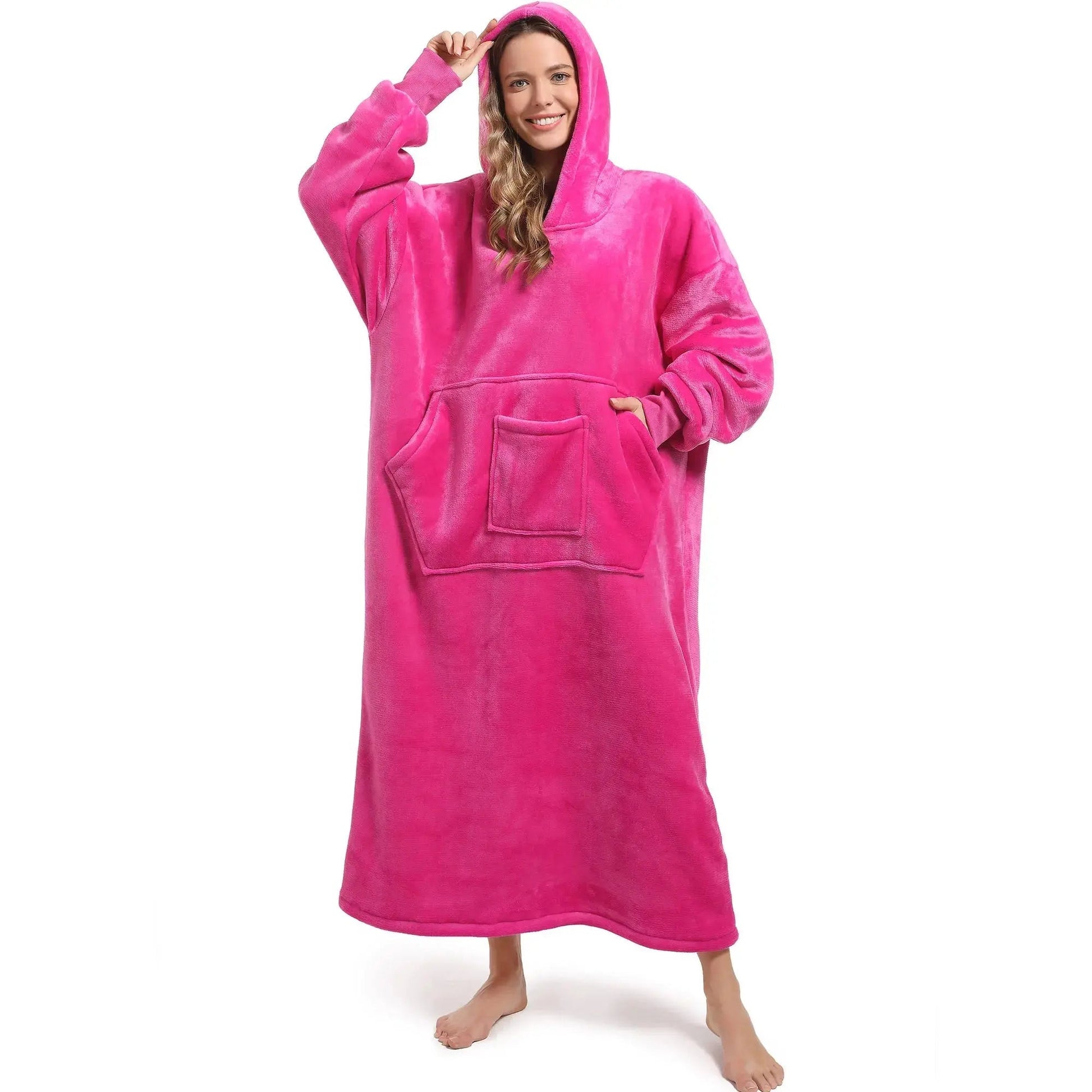 Men and women's winter casual pullover pajamas, warm and comfortable with thick fleece, solid color and pocket, long style Shopulia