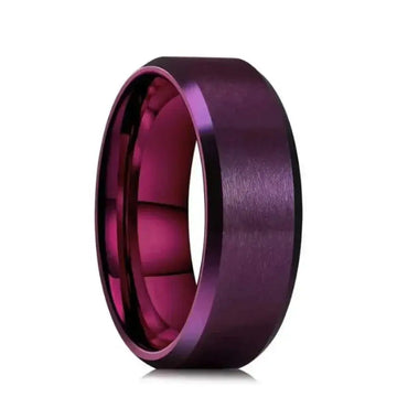 Mens carbon fiber wedding band with a beveled edge and purple tungsten design.