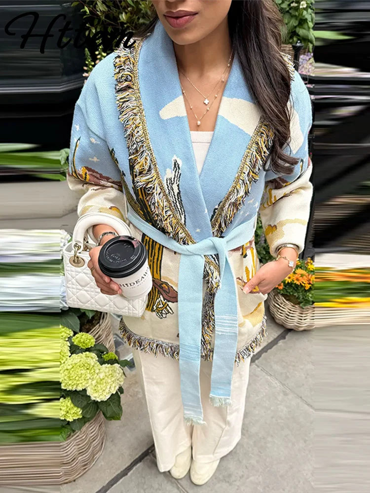 Elegant Printed Women's Full Sleeve Cardigan V-Neck Lace up Fringed Lady Coats Spring Fashion Street Outwear Medium Stretch Polyester Shopulia