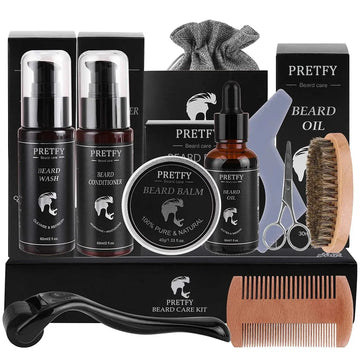 10-in-1 Beard Kit with oils, balm, shampoo, conditioner, comb, brush, roller, scissors, stencils, storage bag.