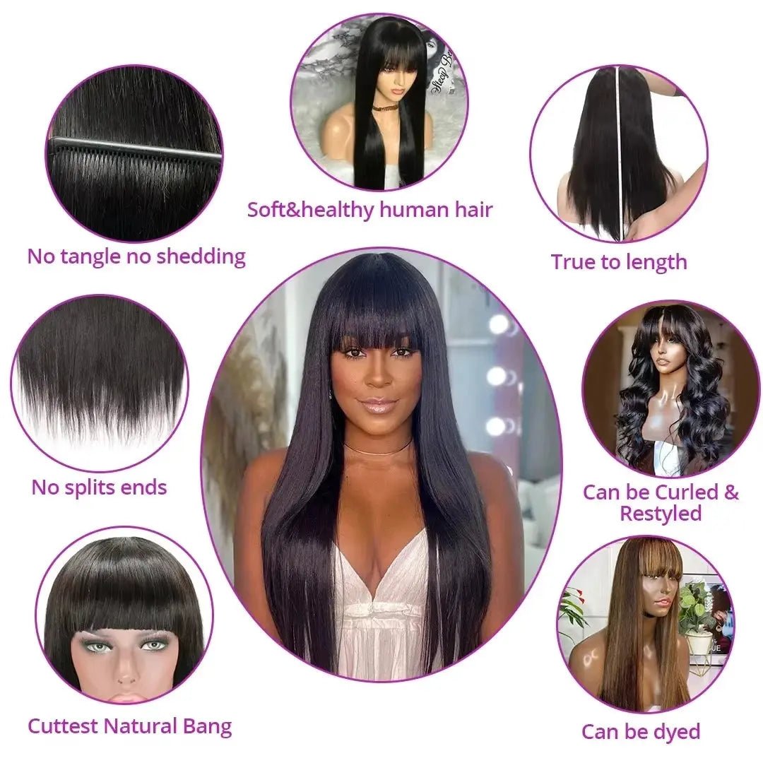 Rosslyn Straight Human Hair Wigs With Bangs 1b Black Wig Not Lace Natural Color Full Machine Wig From Brazilian Original | Shopulia