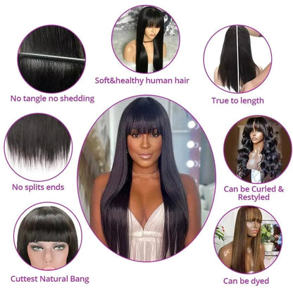 Rosslyn Straight Human Hair Wigs With Bangs 1b Black Wig Not Lace Natural Color Full Machine Wig From Brazilian Original | Shopulia