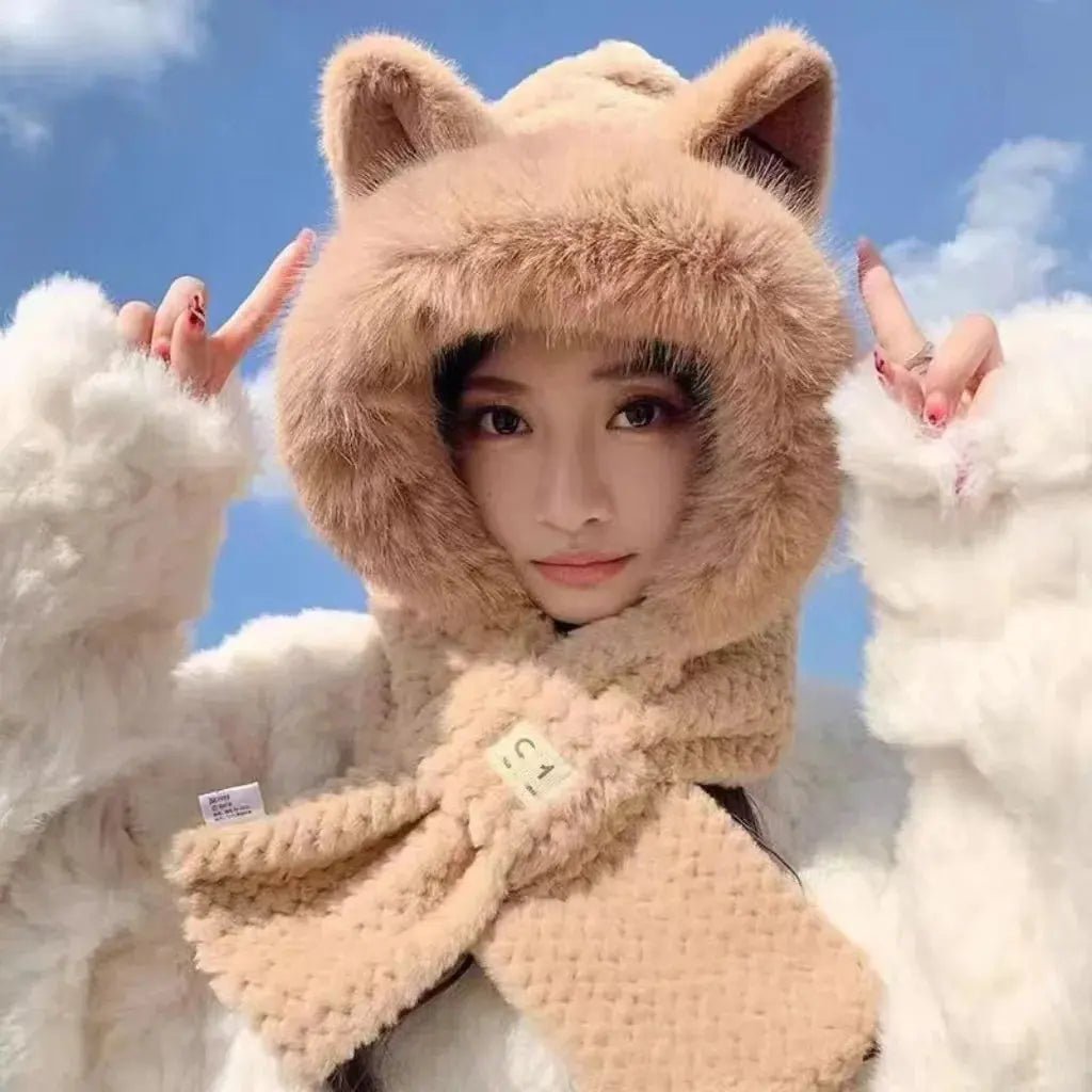 Cute Scarf Hat  Elegant Woman Warm One Piece Hat  Winter Skiing and Cycling Comfortable Warm Hooded Mask Plush Hat | Shopulia
