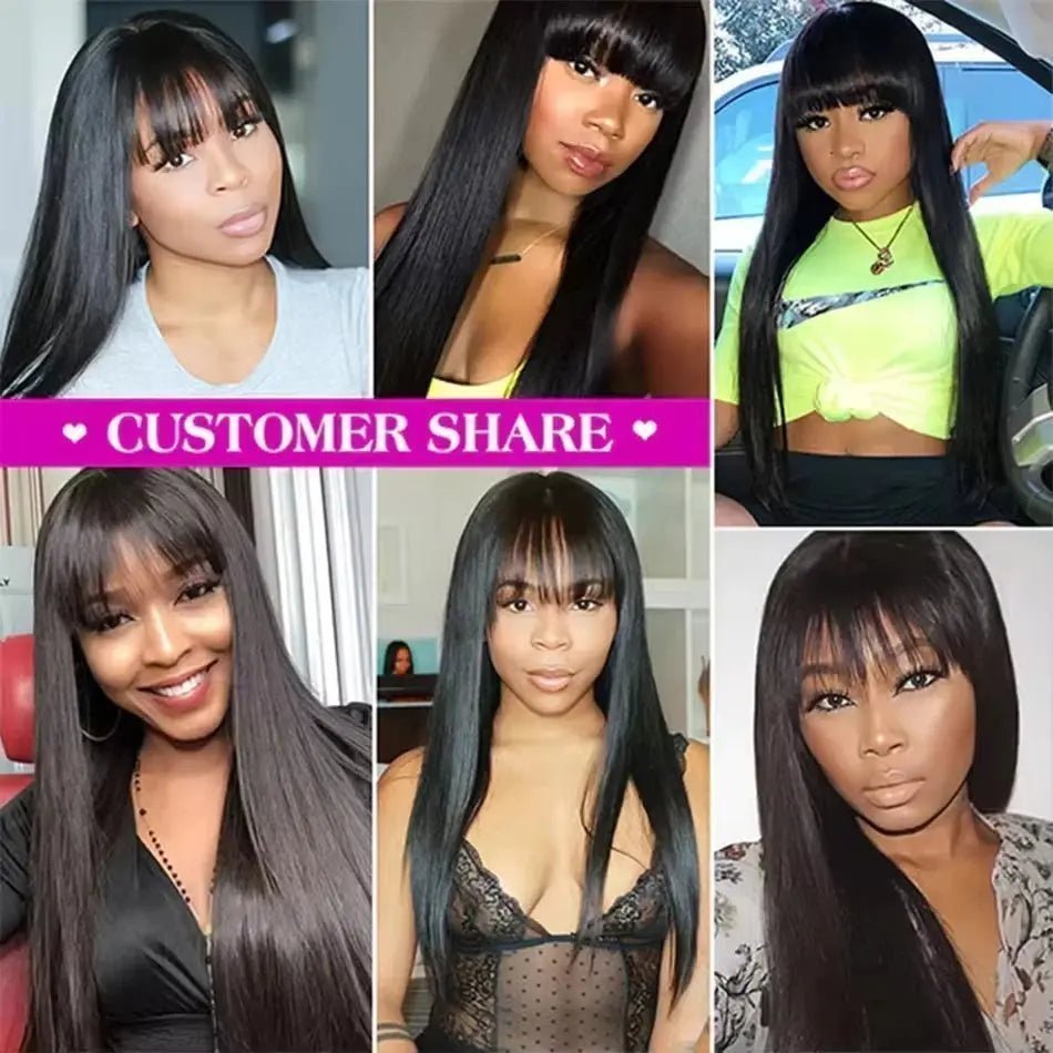 Rosslyn Straight Human Hair Wigs With Bangs 1b Black Wig Not Lace Natural Color Full Machine Wig From Brazilian Original | Shopulia