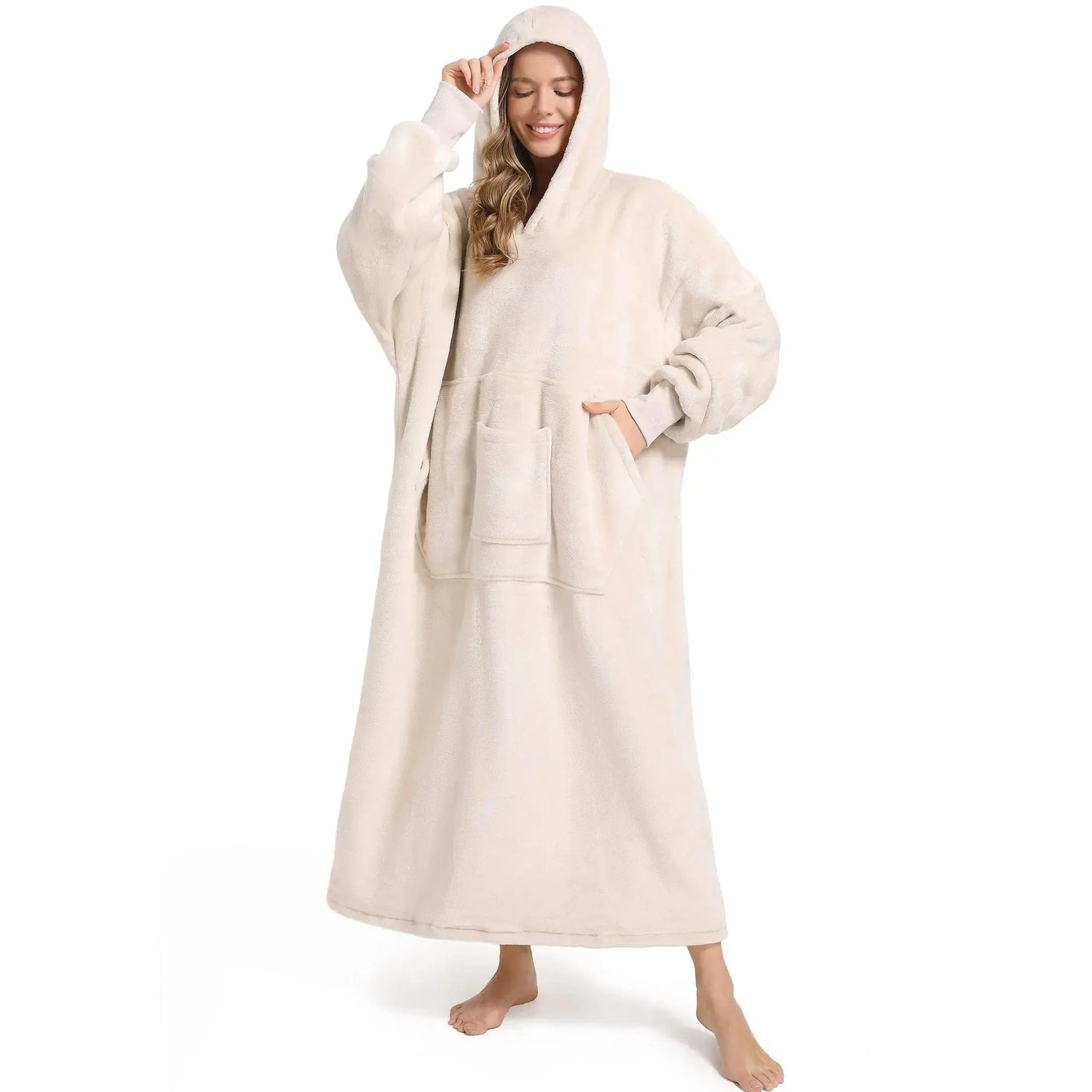 Men and women's winter casual pullover pajamas, warm and comfortable with thick fleece, solid color and pocket, long style | Shopulia
