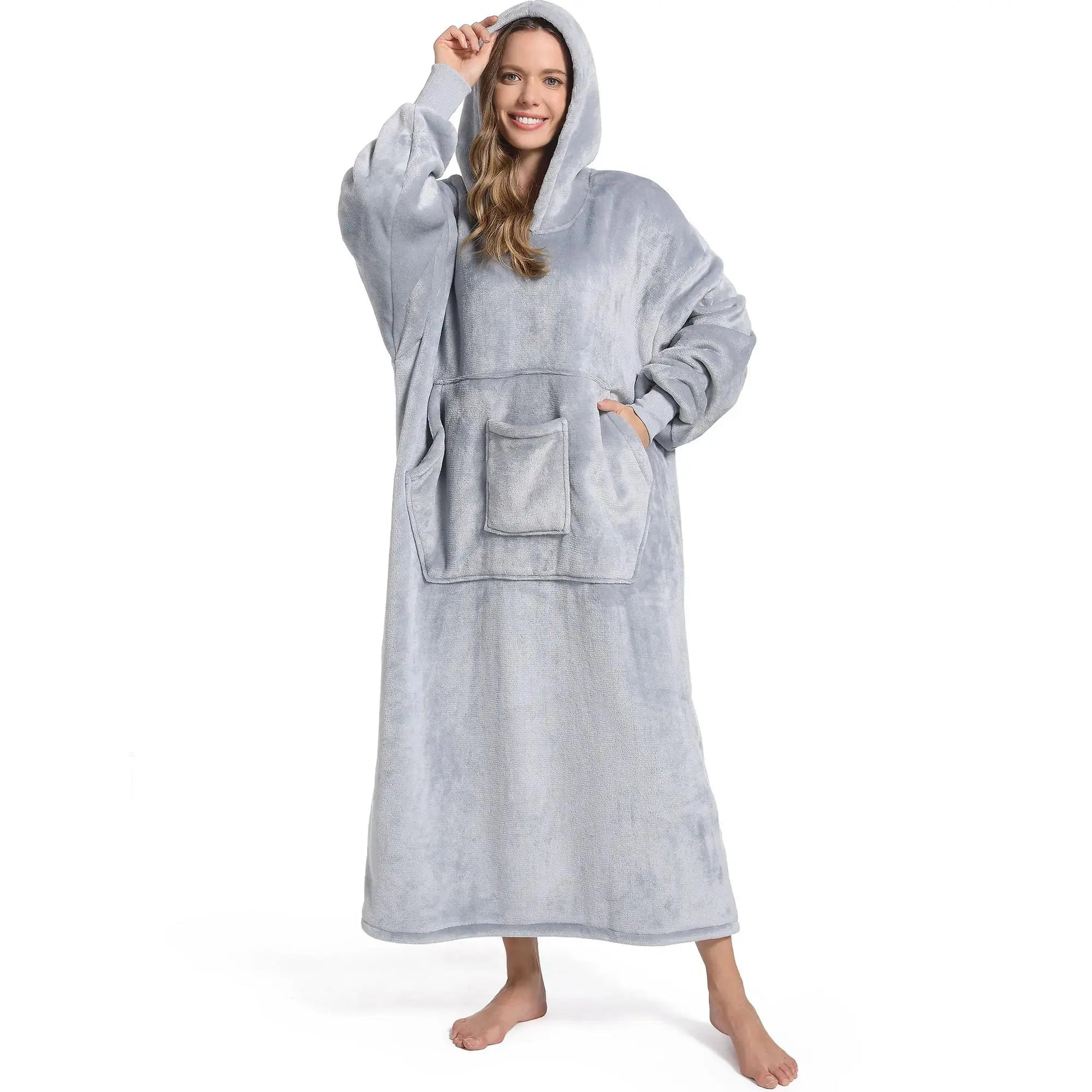 Men and women's winter casual pullover pajamas, warm and comfortable with thick fleece, solid color and pocket, long style | Shopulia
