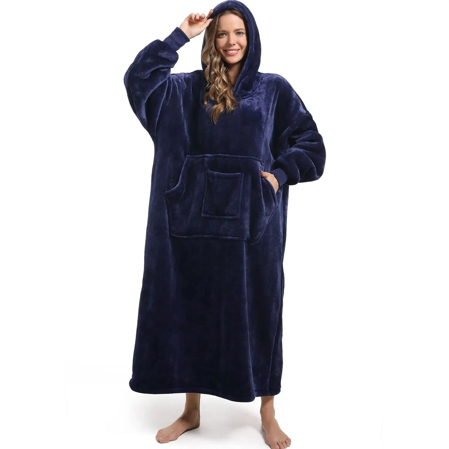 Men and women's winter casual pullover pajamas, warm and comfortable with thick fleece, solid color and pocket, long style | Shopulia