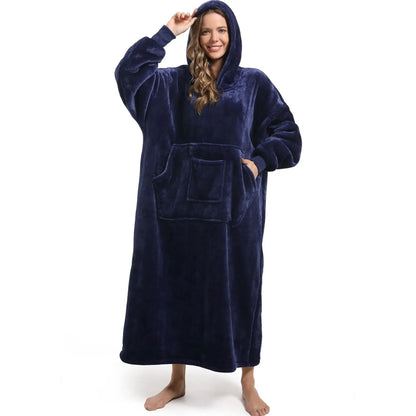 Men and women's winter casual pullover pajamas, warm and comfortable with thick fleece, solid color and pocket, long style | Shopulia