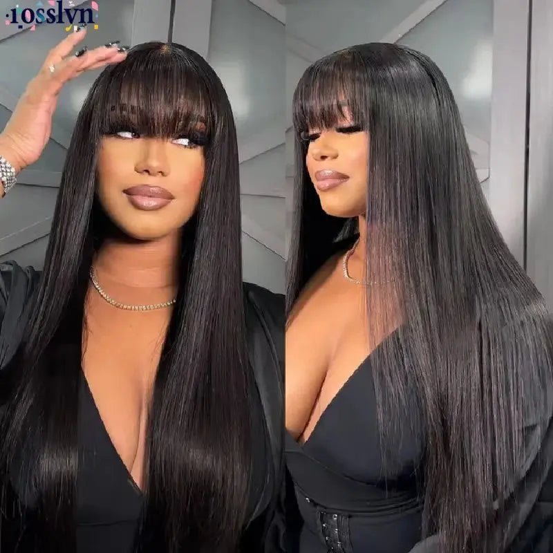Rosslyn Straight Human Hair Wigs With Bangs 1b Black Wig Not Lace Natural Color Full Machine Wig From Brazilian Original | Shopulia