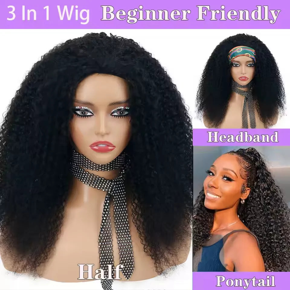 Upgrade 3 IN 1 Half Wig With Drawstring Seamless Clip Ins Flip Over Kinky Curly Wig 200% Density Curly Half Wigs for Women hair Shopulia