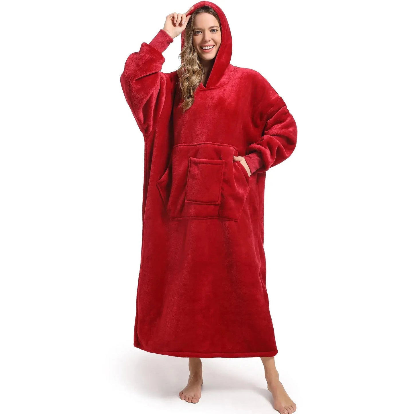 Men and women's winter casual pullover pajamas, warm and comfortable with thick fleece, solid color and pocket, long style | Shopulia