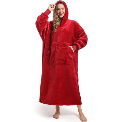 Men and women's winter casual pullover pajamas, warm and comfortable with thick fleece, solid color and pocket, long style | Shopulia